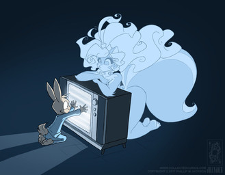 anthro blue_background clothed clothing duo electronics female fur grey_body grey_fur hair male nude pajamas simple_background television young conditional_dnp jollyjack chloe_sinclaire ghost lagomorph leporid mammal mephitid rabbit skunk spirit 2017