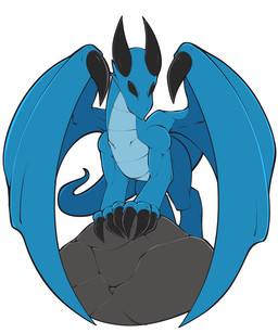 black_eyes blue_body claws feral front_view horn membrane_(anatomy) membranous_wings nude rock simple_background solo text white_background wings whygena mythology dragon mythological_creature mythological_scalie scalie 2017 5:6 character_request digital_media_(artwork) unavailable_at_source url
