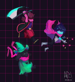 anthro black_body black_fur bracelet clothing eyewear female fluffy fur group hat headgear headwear jewelry male spiked_bracelet spikes thin_calves thin_legs thin_thighs young young_anthro young_human young_male avero_art deltarune undertale_(series) kris_dreemurr ralsei susie_(deltarune) bovid caprine darkner goat human mammal reptile scalie 2018 hi_res
