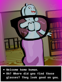 anthro bouncing_breasts breasts clothing detailed_background dress eyewear featureless_breasts female floppy_ears front_view glasses looking_at_viewer solo text x-ray_glasses x-ray_view freakybianfu undertale undertale_(series) toriel bovid caprine goat mammal 3d_(artwork) digital_media_(artwork) english_text hi_res
