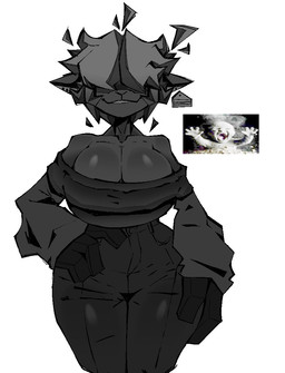 anthro big_breasts bottomwear breasts cleavage clothed clothing ear_piercing ear_tag exposed_shoulder female hair pants piercing pockets shirt small_waist smile solo standing thick_thighs topwear wide_hips xexeezy ash_baby_(meme) ines_(xexeezy) bovid caprine mammal sheep monochrome