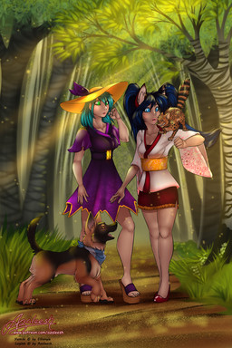 5_fingers all_fours blue_eyes detailed_background female feral fingers forest fur green_eyes group hair nature outside plant standing text tree azaleesh leylah nero_(azaleesh) yumiki bengal_cat canid canine canis domestic_cat domestic_dog felid feline felis human hybrid mammal 2:3 character_request hi_res url