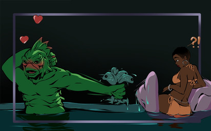 anthro bikini blush bouquet clothing crush duo embarrassed female female_human food heart_symbol lake male male_anthro noseless offering_food offering_gift partially_submerged shy surprised swimwear two-piece_swimsuit water karmacollar creature_from_the_black_lagoon aquatic fish human mammal