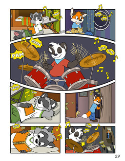 anthro bed bedroom book bottomwear cheek_tuft clothed clothing detailed_background dialogue dipstick_tail duo eyewear facial_tuft feet_together footwear fully_clothed furniture gaming gloves_(marking) male markings musical_note musical_symbol note onomatopoeia playing_video_game reading reading_book shoes sound_effects speech_bubble symbol tail tail_markings text tuft pandapaco art_(pandapaco) biro_(pandapaco) parinton ailurid bear canid canine fox giant_panda human mammal procyonid raccoon comic english_text hi_res