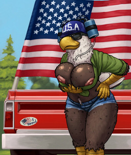 american_flag anthro beak big_breasts bottomwear breasts clothing crop_top denim denim_bottomwear denim_clothing denim_shorts eyewear female flag nipples non-mammal_nipples outside shirt shorts solo suggestive_pose sunglasses thick_thighs topwear united_states_of_america vehicle tall_lizzard_(artist) accipitrid accipitriform avian bird eagle
