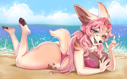 anthro beach biped breasts butt claws clothed clothed_anthro clothed_female clothing cloud day feet female fingers front_view fur hair looking_at_viewer lying on_front outside paws sea sky solo tail teeth toes tongue water sorafoxyteils mammal 16:10 2026 digital_drawing_(artwork) digital_media_(artwork) widescreen