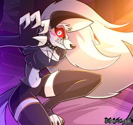 action_pose angry anthro bared_fangs bared_teeth blush blush_stickers bottomwear claws clothing collar crop_top eyelashes female fingerless_gloves gloves handwear legwear long_eyelashes navel pose shirt shorts solo spiked_collar spikes teeth thigh_highs topwear darkeclipticheart hellaverse helluva_boss mythology loona_(helluva_boss) canid canid_demon canine canis demon hellhound mammal mythological_canine mythological_creature wolf hi_res