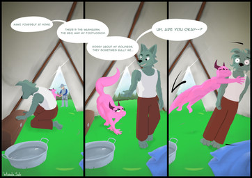 admiring all_fours anthro armor ass_up basin bedding blanket captain_(wistala_sah) chest_(container) clothing coniferous_forest crawling dagger duo fantasy female frames glare_(lighting) grass green_eyes group horn inside_tent kneeling leap male male/female melee_weapon nude pink_body plant scared scheming shirt tackle_hug tail tank_top tent topwear weapon wistala_sah greg_(wistala_sah) rathi_(wistala_sah) canid canine canis human kobold mammal scalie wolf hi_res