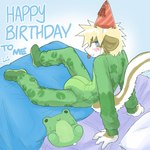 anthro bed bedding birthday blonde_hair blue_eyes blush blush_lines brown_body brown_fur clothed clothing diaper diaper_under_clothing fur furniture hair hat headgear headwear leaning leaning_backward looking_at_viewer looking_back male onesie party_hat pillow plushie solo text tongue tongue_out wearing_diaper white_body white_fur kaaski mythology kaaski_(character) dragon furred_dragon furred_scalie mythological_creature mythological_scalie scalie 1:1 english_text hi_res