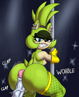 anthro areola big_butt blue_eyes breasts butt clothing dancing ear_piercing ear_ring erection female fishnet_clothing fishnet_legwear genitals gloves green_body hair handwear hot_dogging humanoid_genitalia humanoid_penis legwear looking_back male mostly_nude mostly_offscreen_character nipple_piercing nipples penis piercing pole pole_dancing rear_view ring_piercing sex sharp_teeth simple_background smile stripper stripper_pole tail teeth thick_thighs vein veiny_penis wide_hips yellow_clothing yellow_gloves yellow_handwear deerboynsfw idw_publishing sega sonic_the_hedgehog_(comics) sonic_the_hedgehog_(idw) sonic_the_hedgehog_(series) surge_the_tenrec afrosoricid mammal tenrec 2024 absurd_res digital_media_(artwork) hi_res