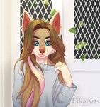 5_fingers anthro blue_eyes brown_hair ear_piercing ear_ring eyebrows eyelashes female fingers hair piercing ring_piercing smile solo ei-ka canid canine canis domestic_dog mammal 2023 digital_media_(artwork) hi_res