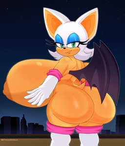 anthro areola big_breasts big_butt breasts brown_areola brown_nipples butt clothing female gloves green_eyes hair half-closed_eyes handwear huge_breasts huge_butt hyper hyper_breasts legwear looking_at_viewer looking_back mostly_nude narrowed_eyes nipples orange_body side_boob smile solo tail thick_thighs thigh_highs white_hair wide_hips wings fromariels sega sonic_the_hedgehog_(series) rouge_the_bat bat mammal hi_res