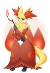 anthro breasts feet female fire fur holding_object inner_ear_fluff looking_at_viewer multicolored_body multicolored_fur red_body red_eyes red_fur solo tail tuft white_body white_fur yellow_body yellow_fur yellow_tail fluffy_hinu nintendo pokemon delphox generation_6_pokemon pokemon_(species) absurd_res hi_res