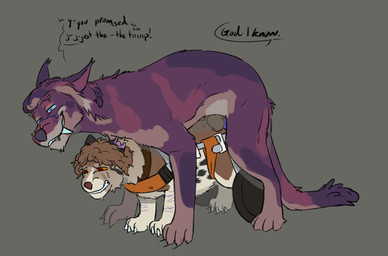 ambiguous_gender ambiguous_penetration bodily_fluids crying curly_hair dialogue disability duo explicitly_stated_nonconsent feral forced from_behind_position fur hair male male_penetrating penetration purple_body purple_fur rape scar sex simple_background size_difference smile tail tears teeth vehicle wheelchair puppyratcat alien canid canine felid feline hybrid mammal xog hi_res