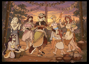accessory anklet anthro arm_markings barefoot basket bracelet clothed clothing container dancing detailed_background dipstick_tail drum ear_piercing ear_ring feet female festival flower flower_garland fur group hair hair_accessory hair_tie jewelry leopard_spots long_hair mane markings musical_instrument necklace paws percussion_instrument piercing plant ring_piercing shoulder_markings spots sunset tail tail_markings young young_anthro lausig microsoft the_elder_scrolls grey_mother_(lausig) leah_(lausig) ra-tsaja_(character) winter_sinclair cougar felid feline khajiit lion mammal pantherine snow_leopard 2026 digital_media_(artwork) hi_res mother_(lore) mother_and_child_(lore) parent_(lore) parent_and_child_(lore)