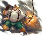 anthro arrow_(weapon) belly bottomwear bow_(weapon) bulge clothing dress_shirt fire fur male moobs orange_body orange_fur overweight overweight_male ranged_weapon shirt shorts solo suspenders topwear weapon guadr tamacolle iyo_(tamacolle) canid canine fox mammal 2023 absurd_res hi_res