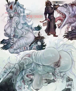 ambiguous_gender anthro anus areola big_breasts biped black_areola black_nipples black_pawpads black_vulva blush blush_lines bodily_fluids breasts butt claws covered_eyes dripping drooling female female/ambiguous female_anthro female_on_anthro finger_claws fur gameplay_mechanics genital_fluids genitals hair human_on_anthro interspecies larger_anthro larger_female macro male male/ambiguous nipples oral pawpads saliva sharp_teeth sitting_on_another size_difference smaller_ambiguous smaller_human teeth toe_claws tongue tongue_out vaginal_fluid_drip vaginal_fluids vulva white_body white_fur white_hair snowyfeline bloodborne fromsoftware mythology sony_corporation sony_interactive_entertainment the_hunter_(bloodborne) vicar_amelia beast_(bloodborne) canid canine human mammal mythological_canine mythological_creature werecanid werecanine werecreature werewolf 2025 digital_media_(artwork) hi_res