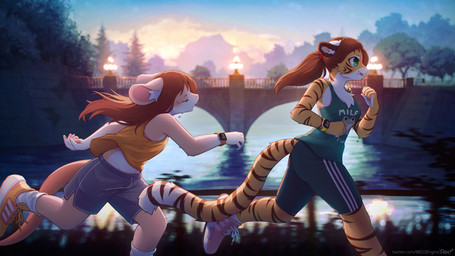 anthro bottomwear brown_hair clock clothed clothing countershading detailed_background duo fangs female femboy footwear fur green_eyes hair male male/female orange_body orange_fur outside running shirt shoes shorts smartwatch sneakers socks striped_body striped_fur stripes tank_top teeth topwear watch red3engine apple_inc. apple_watch alex_marx charlie_(mousetrapped) felid mammal mouse murid murine pantherine rodent tiger 16:9 absurd_res digital_media_(artwork) hi_res story story_at_source story_in_description widescreen