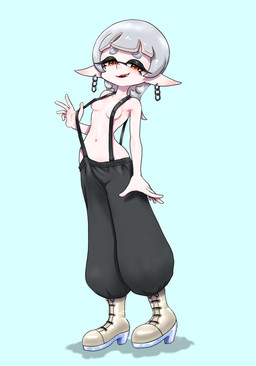 boots breasts clothed clothing clothing_pull ear_piercing ear_ring female footwear humanoid_pointy_ears nipple_outline not_furry open_mouth open_smile overalls piercing pointy_ears pupils ring_piercing shoes small_breasts smile snaggle_tooth solo suspenders topless unusual_pupils koharuno2 nintendo splatoon marie_(splatoon) aquatic cephalopod humanoid inkling mollusk hi_res