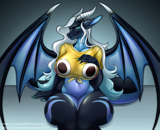 anthro big_breasts blue_body breasts clothing female hair horn huge_breasts long_hair looking_at_viewer multicolored_body navel non-mammal_breasts non-mammal_hair non-mammal_navel solo thick_thighs two_tone_body wide_hips wings mokuro bulging_smiley_shirt_meme meme_clothing mythology spectra_(ghost3013) dragon mythological_creature mythological_scalie scalie absurd_res hi_res meme