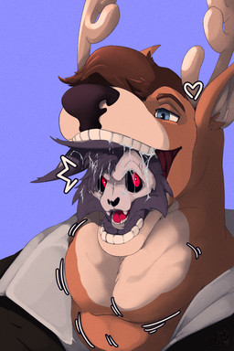 almost_fully_inside anthro anthro_pred anthro_prey antlers bodily_fluids business_suit clothed clothing drooling duo fur half-closed_eyes head_in_mouth heart_symbol horn male male/male male_pred male_prey motion_lines multicolored_body multicolored_fur narrowed_eyes neck_bulge open_mouth oral_vore popped_collar saliva saliva_string same_size_vore simple_background soft_vore suit teeth vore willing_prey ghostst ghost_(ghostst) cervine deer felid feline mammal skullcat_(species) 2:3 absurd_res hi_res watermark