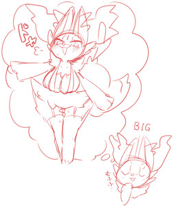 anthro big_breasts blush breasts clothing female legwear open_mouth solo standing stick stockings tail text thought_bubble yakiniku628 nintendo pokemon braixen generation_6_pokemon pokemon_(species) hi_res monochrome sketch