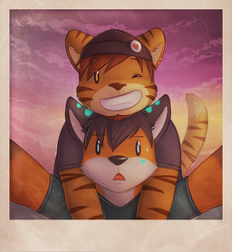 anthro clothing countershading duo looking_at_viewer male selfie smile mytigertail gabe_(mytigertail) lan_(zeta-haru) canid canine felid fox mammal pantherine tiger 2015