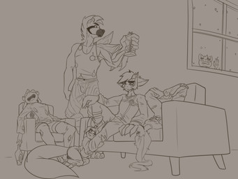 anthro blander bottomwear chatting clothing eyebrows female furniture gift group holidays legwear living_room male onesie outside pajamas pants party shirt snow snowing sofa stockings sweatpants tail tank_top thick_eyebrows topwear window han_moz christmas mythology han_(han_moz) canid canine canis domestic_dog dragon fennec_fox fox humanoid hyena mammal mythological_creature mythological_scalie scalie true_fox 4:3 absurd_res digital_media_(artwork) hi_res sketch