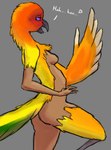 5_fingers anthro beak biped blush breasts butt dialogue feathers female fingers gradient_body grey_background heart_symbol human_to_anthro hypnotic_eyes laugh looking_at_self mid_transformation nude purple_eyes side_view simple_background solo species_transformation spiral_eyes standing tail tail_feathers text transformation winged_arms wings stoneheron avian bird human mammal parakeet parrot true_parrot 2021 colored colored_sketch english_text hi_res sketch