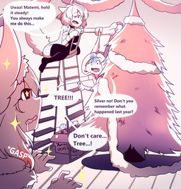 big_breasts bodily_fluids bra breasts christmas_tree claws clothed clothing decoration dialogue drooling fangs female fluffy fur gloves group hair handwear holidays ladder legwear lights markings multicolored_hair paws plant pupils red_hair saliva shirt sparkles star_pupils stockings symbol-shaped_pupils teeth text tinsel topwear tree two_tone_hair underwear unusual_pupils white_body white_fur white_hair dk- matemi christmas awoo_(dk-) matemi_(matemi) silver_soul animal_humanoid canid canid_humanoid canine canine_humanoid cat_humanoid felid felid_humanoid feline feline_humanoid humanoid lynx mammal mammal_humanoid wolf_humanoid 2018 english_text hi_res line_art pink_theme