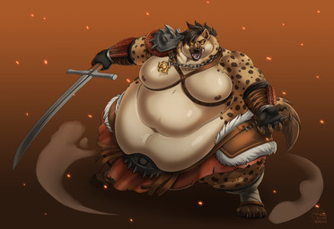 anthro armor belly big_belly bracelet brown_body chain_necklace clothing fighting_pose gloves hair handwear huge_belly jewelry looking_at_viewer machine male markings melee_weapon messer_(sword) moobs morbidly_obese multicolored_body necklace obese obese_male overweight overweight_male pose power_armor shield simple_background smoke solo spiked_armor spikes spots spotted_body sword tail weapon biglovealicia gnash hyena mammal 2022 digital_drawing_(artwork) digital_media_(artwork) hi_res signature