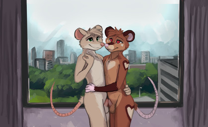 anthro balls duo erection fur genitals hug male nude penile penis penises_touching smile standing tail whiskers tazal darcy_(tazal) mammal mouse murid murine rodent absurd_res digital_media_(artwork) hi_res