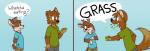 anthro bottomwear canid canine canis clothed clothing comic darwin_(tinydeerguy) deer dialogue domestic_dog eating english_text fully_clothed grass hi_res male mammal matt_riskely pants plant shirt text tinydeerguy topwear