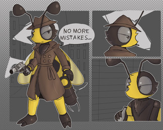 2_toes 4_fingers antennae_(anatomy) anthro arthropod_abdomen barefoot big_eyes black_body black_exoskeleton bottle brown_clothing brown_coat brown_topwear cigarette cigarette_in_mouth clothed clothing coat container detective dialogue exoskeleton feet fingers furgonomic_headwear furgonomics gloves_(marking) grey_eyes grey_outline gun half-closed_eyes handgun holding_bottle holding_container holding_gun holding_handgun holding_object holding_ranged_weapon holding_revolver holding_weapon insect_wings leg_markings male markings mouth_closed multicolored_body multicolored_exoskeleton narrowed_eyes object_in_mouth outline outside ranged_weapon revolver small_waist smoke smoking smoking_cigarette snout socks_(marking) solo speech_bubble text toes topwear trenchcoat two_tone_body two_tone_exoskeleton weapon wings yellow_body yellow_exoskeleton lizardfungus cc-by-nc-nd creative_commons arthropod insect neuropteran owlfly aliasing binary_drawing cel_shading digital_drawing_(artwork) digital_media_(artwork) english_text hi_res shaded