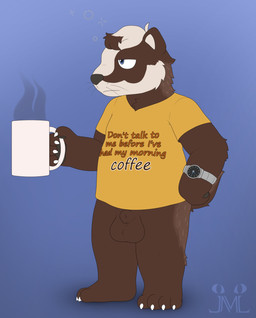 animal_genitalia animal_penis anthro beverage blue_eyes bottomless brown_body brown_fur clock clothed clothing coffee container cup fur genitals grumpy male mug penis plantigrade sheath shirt shirt_only topwear topwear_only watch wristwatch jm-luxro art_fight artfight2026 badger mammal mustelid musteline absurd_res hi_res