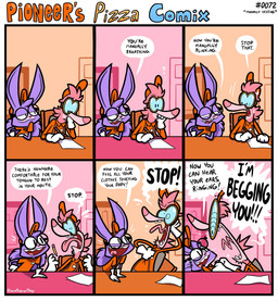 annoying anthro bodily_fluids chef clothed clothed_anthro clothed_female clothed_male clothing co-manager dialogue duo eyewear female fully_clothed fully_clothed_anthro fully_clothed_female fully_clothed_male fur glasses gloves hair handwear hat headgear headwear mad_scientist male paper paranoid pink_body pink_fur pink_hair purple_body purple_fur purple_hair smug smug_face smug_smile speech_bubble sweat teasing text wearing_glasses white_clothing white_gloves white_handwear wildtake work_uniform yelling anotherartboy pioneer's_pizza chuckles_panglin lizzy_rattington american_opossum mammal marsupial pangolin virginia_opossum comic english_text hi_res