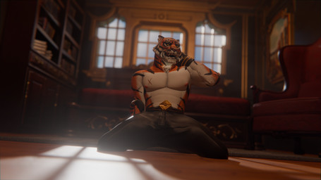 anthro bottomwear clothed clothing kneeling male nipples pants pants_only scar solo topless topless_male ryothehuskyy epic_games fortnite oscar_(fortnite) felid mammal pantherine tiger 16:9 3d_(artwork) 4k absurd_res digital_media_(artwork) hi_res widescreen