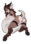 antelope anthro anthro_pred armwear belly big_belly bovid clothing cloven_hooves digital_media_(artwork) ear_piercing ear_ring face_imprint female female_anthro female_pred firekitty fishnet_armwear fishnet_clothing fishnet_legwear genitals hi_res hoop_ear_ring hooves huge_belly imprint legwear looking_back mammal oral_vore piercing pussy rear_view resting_on_belly ring_piercing same_size_vore vore