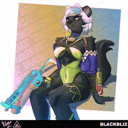 5_fingers alternate_costume alternative_fashion anthro anthro_focus athletic athletic_anthro athletic_female bent_over black_body black_fur breasts cleavage clothed clothed_anthro clothed_female clothing detailed_background diving_gear diving_mask eyewear female fingers fluffy fluffy_tail fur gesture goggles green_eyes gun hair hand_gesture holding_object holding_weapon looking_at_viewer mask one-piece_swimsuit ranged_weapon solo swimming_goggles swimwear tail teeth text v_sign weapon white_hair adamvartist combat_cat_studio wild_assault marquez_(wild_assault) mammal mephitid skunk 1:1 artist_name digital_media_(artwork) hi_res