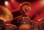 anthro black_lips clothed clothing lips male open_mouth playing_drum playing_music smile solo teeth tongue whiskers goldendruid felid lion mammal pantherine 2018 digital_media_(artwork)