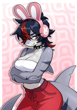 abstract_background anthro bandeau bare_shoulders big_breasts black_hair blush bottomwear breasts brown_eyes cleavage clothed clothing collar crossed_arms dorsal_fin electronics eyebrow_through_hair eyebrows eyelashes female fin fully_clothed hair headphones highlights_(coloring) looking_aside medium_breasts midriff non-mammal_breasts non-mammal_hair pants red_highlights short_hair solo spiked_collar spikes squiggle_mouth sweatpants tail tail_fin topwear translucent translucent_hair budoti aquatic fish shark 2026 absurd_res hi_res