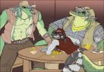 anthro clothed clothing cowboy gambling grope group male poker tail_groping teasing trio darkpenguin amos_(darkpenguin) landon_(darkpenguin) otis_(darkpenguin) alligator alligatorid crocodilian mammal procyonid raccoon reptile scalie