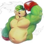 anthro belly biped boxing_gloves clothing handwear male musclegut muscular navel simple_background slightly_chubby smile solo lehicolmillos brok_the_investigator cowcat_games brok_(brok_the_investigator) alligator alligatorid crocodilian reptile scalie 2024 hi_res