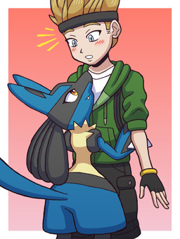 ambiguous_gender anthro black_body black_fur blonde_hair blue_body blue_eyes blue_fur blush blush_lines clothed clothed_human clothed_male clothing duo fingerless_gloves fur gloves hair handwear hoodie hug light_body light_skin male orange_eyes surprised tan_body tan_fur teeth topwear retsgar nintendo pokemon matt's_lucario_(retsgar) matt_(retsgar) generation_4_pokemon human lucario mammal pokemon_(species) 3:4 digital_media_(artwork) hi_res female_(lore) male_(lore)