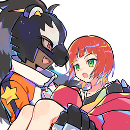 bridal_carry carrying_another clothing duo female green_eyes hair jacket mask paws raccoon_tail red_eyes red_hair sharp_teeth teeth topwear mmmwj222 bandai_namco digimon digimon_beatbreak reina_sakuya animal_humanoid bearcatmon digimon_(species) human humanoid mammal mammal_humanoid procyonid procyonid_humanoid raccoon_humanoid hi_res