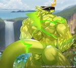 anthro armor back_muscles biceps butt glowing_lines green_eyes headgear helmet horn male muscular muscular_anthro muscular_male solo yellow_body hokipong bandai_namco digimon bulkmon digimon_(species) scalie