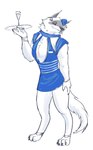 anthro beverage blue_clothing clothed clothing cosplay crossdressing flight_attendant fluffy holding_object looking_at_viewer male red_eyes smile solo standing ultimatellurker britney_spears dreamworks puss_in_boots_(franchise) britney_spears_(character) death_(puss_in_boots) canid canine canis mammal wolf absurd_res hi_res