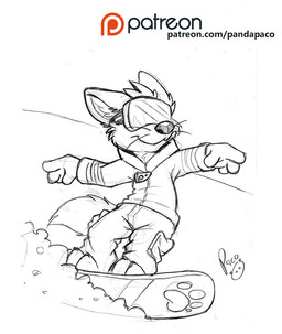 anthro barefoot bottomwear clothed clothing eyewear feet front_view goggles jacket logo male mouth_closed obscured_eyes outside pants patreon_logo snow snowboard snowboarding solo text topwear whiskers young young_anthro young_male pandapaco patreon canid canine mammal artist_logo signature spot_color url