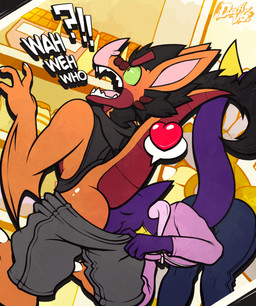 black_hair bottomwear bottomwear_down butt clothed clothing denim denim_bottomwear denim_clothing dialogue duo eyes_closed face_in_ass green_sclera hair hoodie jeans male membrane_(anatomy) membranous_wings orange_body orange_membrane orange_scales pants pants_down partially_clothed purple_body purple_scales scales sleeveless_hoodie smile surprised text topwear winged_arms wings dustythebat mythology ar'khan bat dragon mammal mythological_creature mythological_scalie scalie wingless_dragon english_text hi_res
