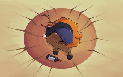 antlers black_clothing black_sweater black_topwear bottle brown_body brown_fur clothed clothed_female clothing container crater female fur hair hooves horn light_body light_skin long_hair orange_hair solo sweater topwear nerothebag dragon_ball dragon_ball_z yamcha_death_pose freya_agalith animal_humanoid deer deer_humanoid faun humanoid mammal mammal_humanoid satyr 16:10 absurd_res hi_res widescreen